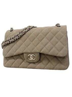 Chanel Shoulder Bag Maxi Quilted Caviar Leather Gray Silver